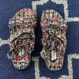 Steve Madden women’s Multicolor Tweed Slide Sandals with Gold Accent